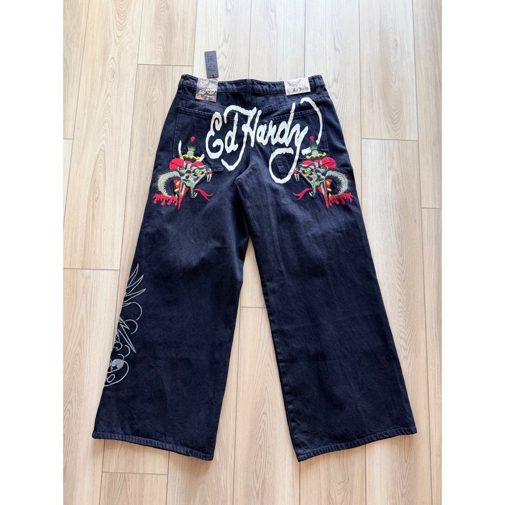 Ed Hardy Super Baggy Jeans Mens 34 Black Embroidered Tattoo Art Wide Leg Denim